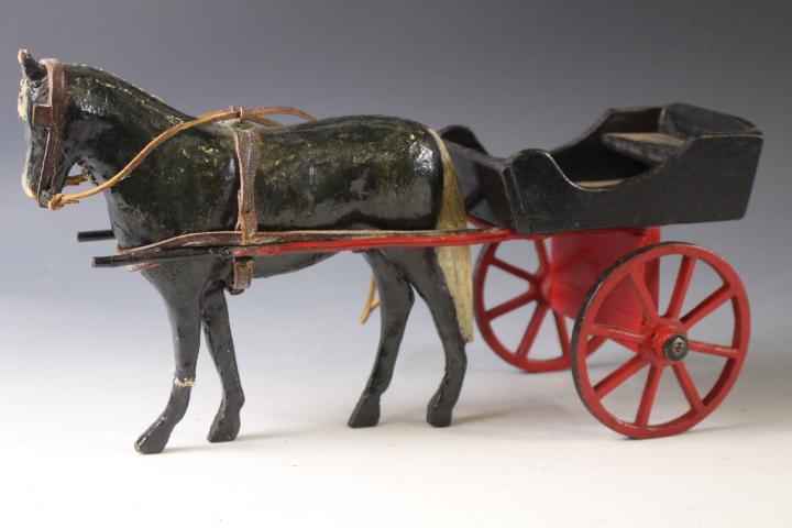 Paper Mache Stick Leg Horse and Wooden Cart: Paper / Papier Mache Stick Leg Horse and Wooden Cart - 14" L. Horse with poor repair to his front leg.