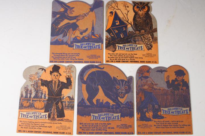 Rare Full Set of 5 Halloween Rosen Sucker Holders: Rare Full Set of 5 Halloween Rosen Sucker / Lollipop Holders - lithographed cardboard, never punched through, black cat, witch, others, 4 3/4" H. MORE OF THIS LARGE HALLOWEEN COLLECTION IN THIS SALE -