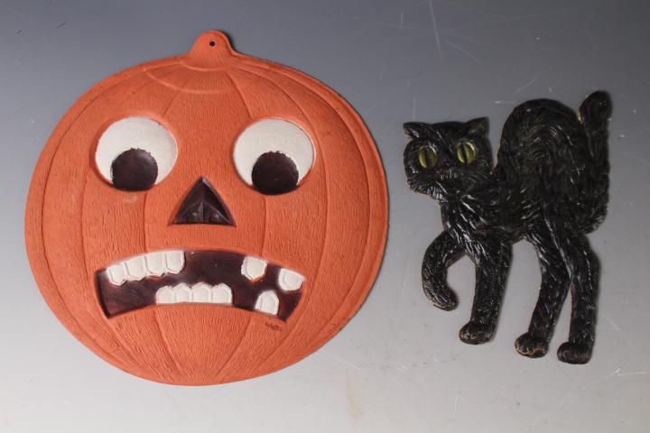 1920-30 Halloween Die Cuts - Black Cat & Pumpkin: 1920-30s Halloween Die Cut Pressed Board Decorations - 1) black cat, impressed Germany, always hand-painted by artists - 6 1/2" H. 2) 1920-30s die cut pressed cardboard jack-o-lantern impressed German