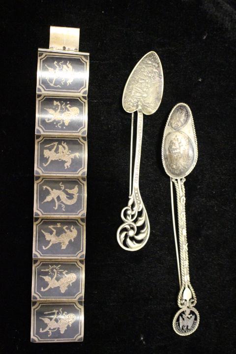 Sterling Jewelry - Siam Bracelet, 1890s Spoon Pins: Lot of 3 Antique Pieces of Sterling Jewelry - 1) Siam Bracelet, links of dancers, marked Made in Siam; Lot of 2 Spoon Pins, 2) 1897 Commemorative of Columbus Landing in America; 3) Mexico spoon pin wi