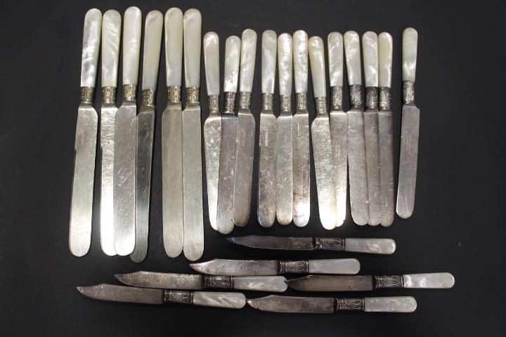 Antique Group of Mother of Pearl Handled Knives: Antique of Mother of Pearl MOP Handled Knives - 1) matched set of 6 table knives, 10" and 7 smaller knives, 8"; Wm. Rogers, Wallingford, CT matched set of 5, 8"; 3) Keen Kutter matched set of 6 fruit 