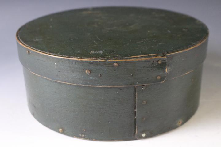 1830-50s Green Pantry Box New Hampshire - Signed: 1830-50s Green Painted Pantry Box, Signed - R.F. Babb, Strafford, New Hampshire, 9" W x 4" H.