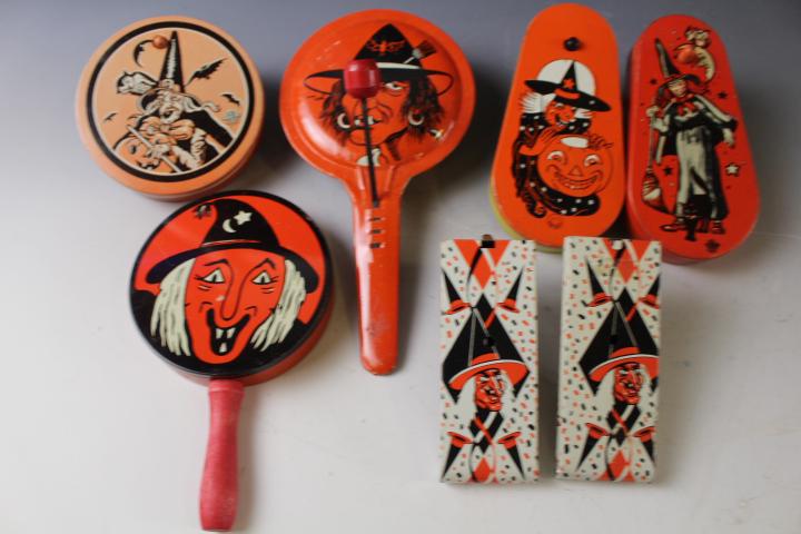 Group of 7 Vintage Halloween Witch Noisemakers: Group of 7 Vintage Halloween Witch Noisemakers - includes clapper, rattle, 5 spinners. All working, no issues. THERE ARE MANY OTHER HALLOWEEN LOTS SELLING THROUGHOUT THIS AUCTION. To view just Hallowe