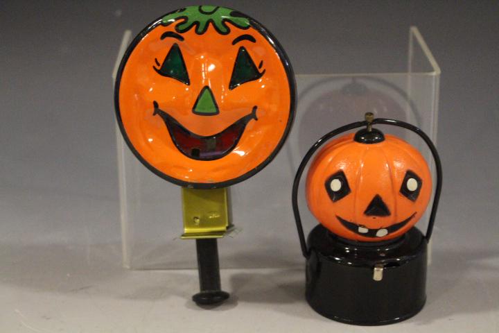 Halloween Tin Light Friction Spinner & Lantern: Halloween Japan Tin Light Friction Spinner & Lantern - 1) pumpkin head friction spinner mouth lights up when plunger pushed, working, 4 1/4" H; 2) plastic jack-o-lantern battery operated lantern, unte