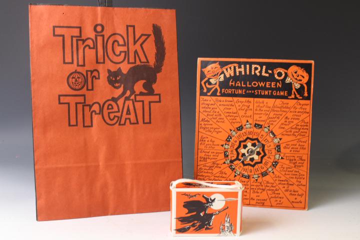 Paper Halloween Game, Candy Box & Treat Bag: Paper Halloween Game, Candy Box & Treat Bag - 1) bag, 8 1/2" W; 2) Whirl-O Halloween Fortune & Stunt Game; 3) candy box. THERE ARE MANY OTHER HALLOWEEN LOTS SELLING THROUGHOUT THIS AUCTION. To view ju