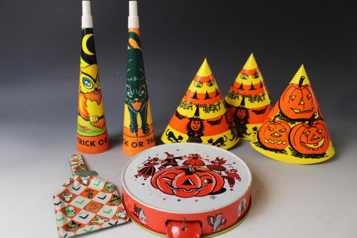 Halloween Paper Hats Horns & Metal Noise Makers: Halloween Paper Hats Horns & Metal Noise Makers - 1) group of 3 paper party hats; 2) 2 paper blow horns; 3) metal tambourine; 4) metal clapper. THERE ARE MANY OTHER HALLOWEEN LOTS SELLING THROUGHOUT T