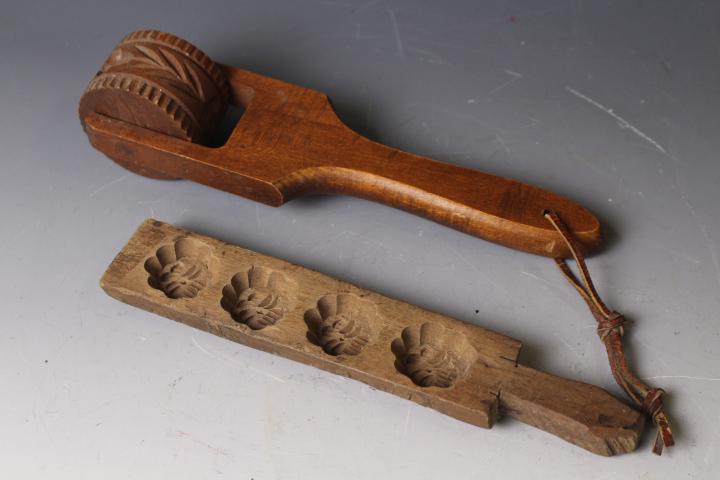 Springerle Cookie Rolling Pin & 4-Panel Press: Antique Springerle Cookie Presses - 1) carved single narrow rolling pin on handled frame, carved continuous acorns with ridged edges, 9 1/2'' L; 2) 19th century 4-panel board with handle, hand-carved