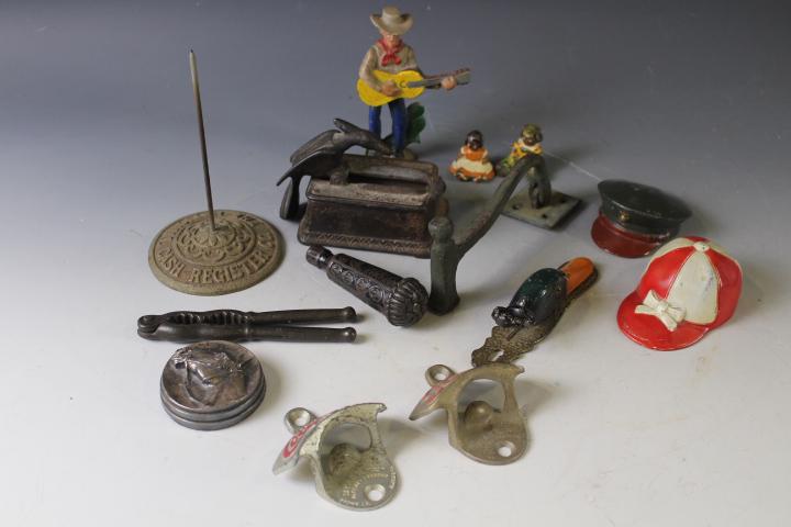 14 Cast Iron Items & 18-19th C Door Knocker: Group of Small Cast Iron Items Includes 18th to 19th Century Door Knocker - some painted: bird toothpick receiver; National Cash Register bill holder; 18-19th century door knocker ; black American Rag