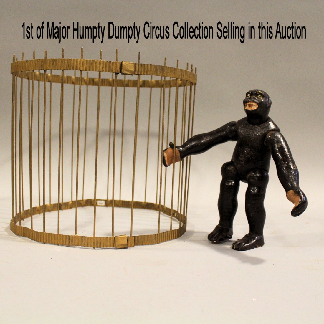 Rare Early Schoenhut 2-Part Head Gorilla & Cage: Rare Early Schoenhut Humpty Dumpty Circus Gorilla â€“ 2-part head with composition plaster face glued to a wooden carved head with carved eyebrows, painted eyes with yellow eyeballs, black irises
