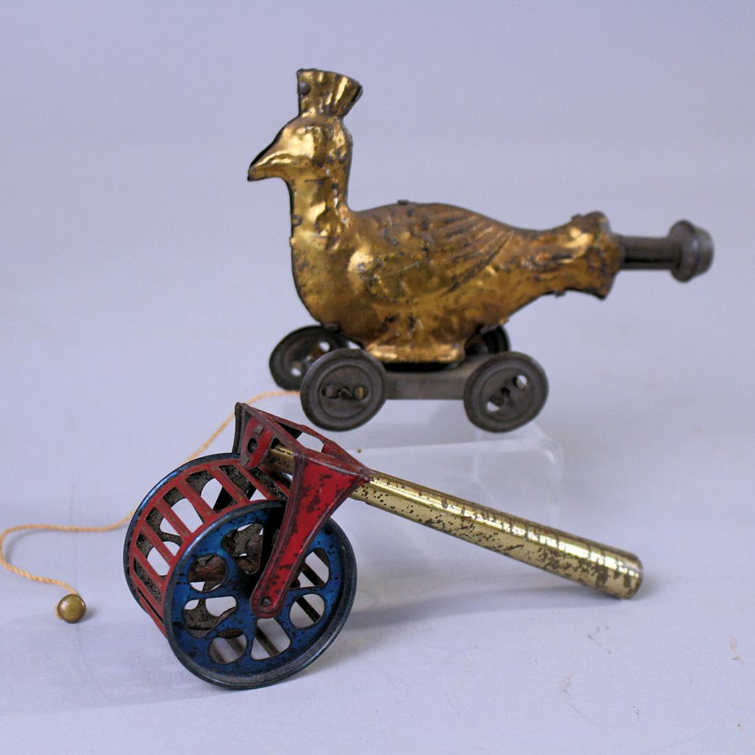 Tin Penny Toy Whistles - Original Spirit Paint: Tin Penny Toy Whistles in Original Spirit Paint - bird, 5" L; caged squirrel, 4 3/4" L. Good condition, whistles not working.