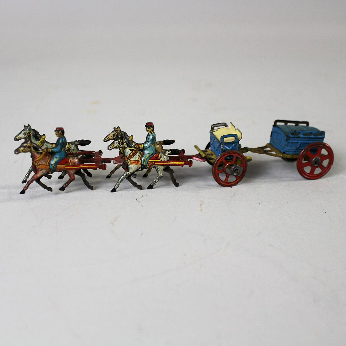 Tin Penny Toy Horses & Cart Candy Container: Tin Penny Toy Meier Four-Horse Team & Two Riders - pulling lidded cart / candy container. 6 1/2" L. Good condition.