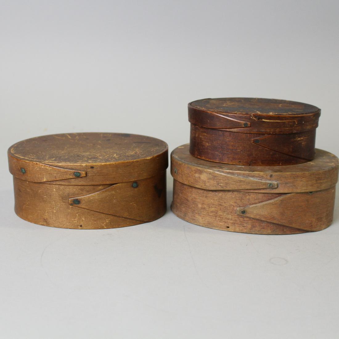 19th C Small Oval Shaker Pantry Boxes: 19th C 3 Small Oval Shaker Pantry Boxes - single finger lap bands: 1) hand-cut copper tacks / nails, 2 1/4 x 5 1/4; 2) hand cut tacks, 5 1/2 x 2 1/2"; 3) 4 1/2 x 2", crack in lid's finger lap. No othe