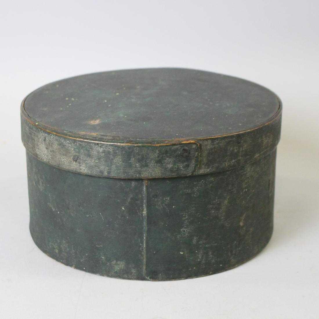 19th C Green Painted Round Bentwood Pantry Box: 19th C Dark Green Painted Round Bentwood Pantry Box - handcut rosewood tacks / nails, 9 1/4" W x 4 3/4" H. Good condition.