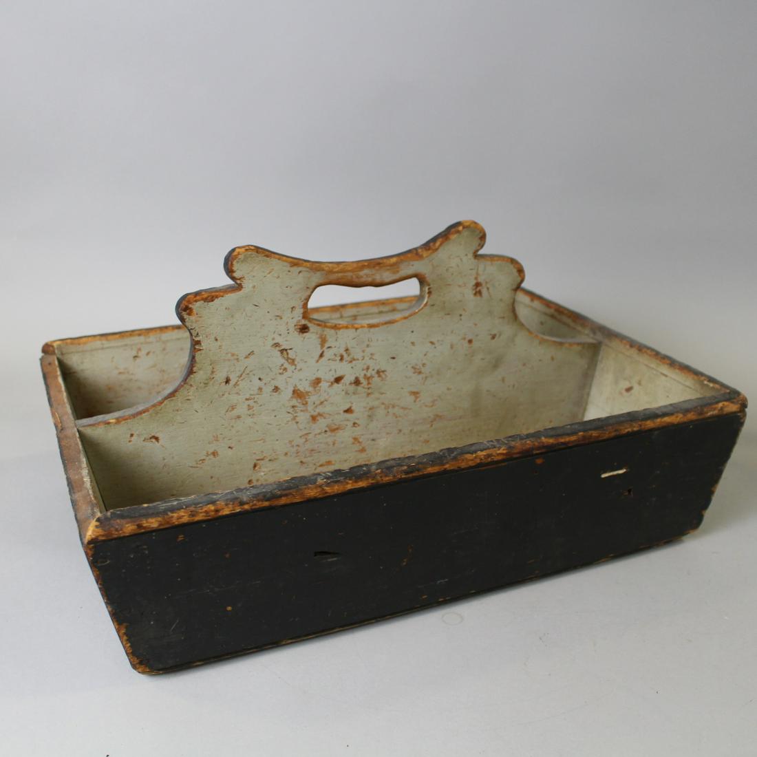 Painted Utensil Tray - Cut Out Handle: Large Painted Utensil Tray - exterior dark green paint, interior gray paint, 17" L x 8 1/2" W x 8" H. Lacking a strip of trim.