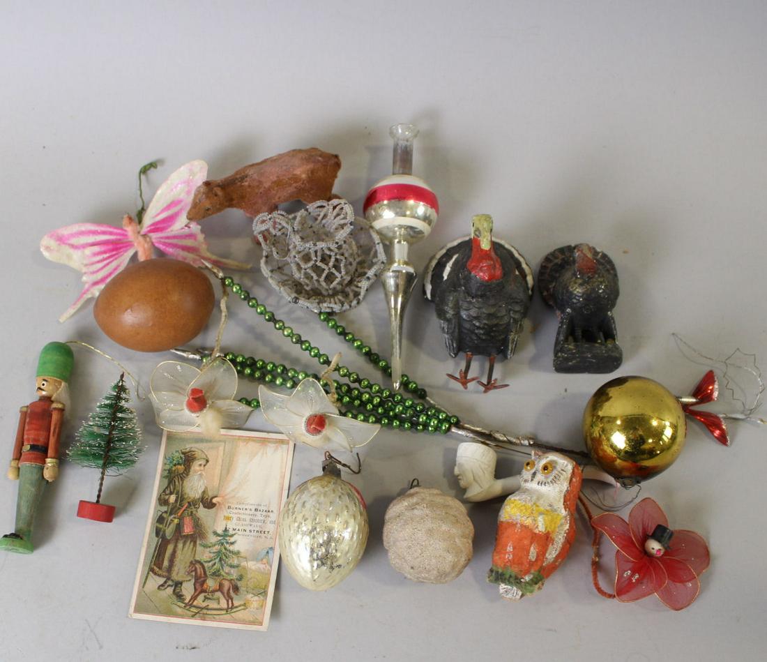 Group of Antique Christmas & Holiday Related: Misc Group of Antique Christmas & Other Holiday Related - two turkeys, wired glass ornament spray, ornaments, snowmen and Santa party favors, wooden toy soldier ornament, others. 5" H.