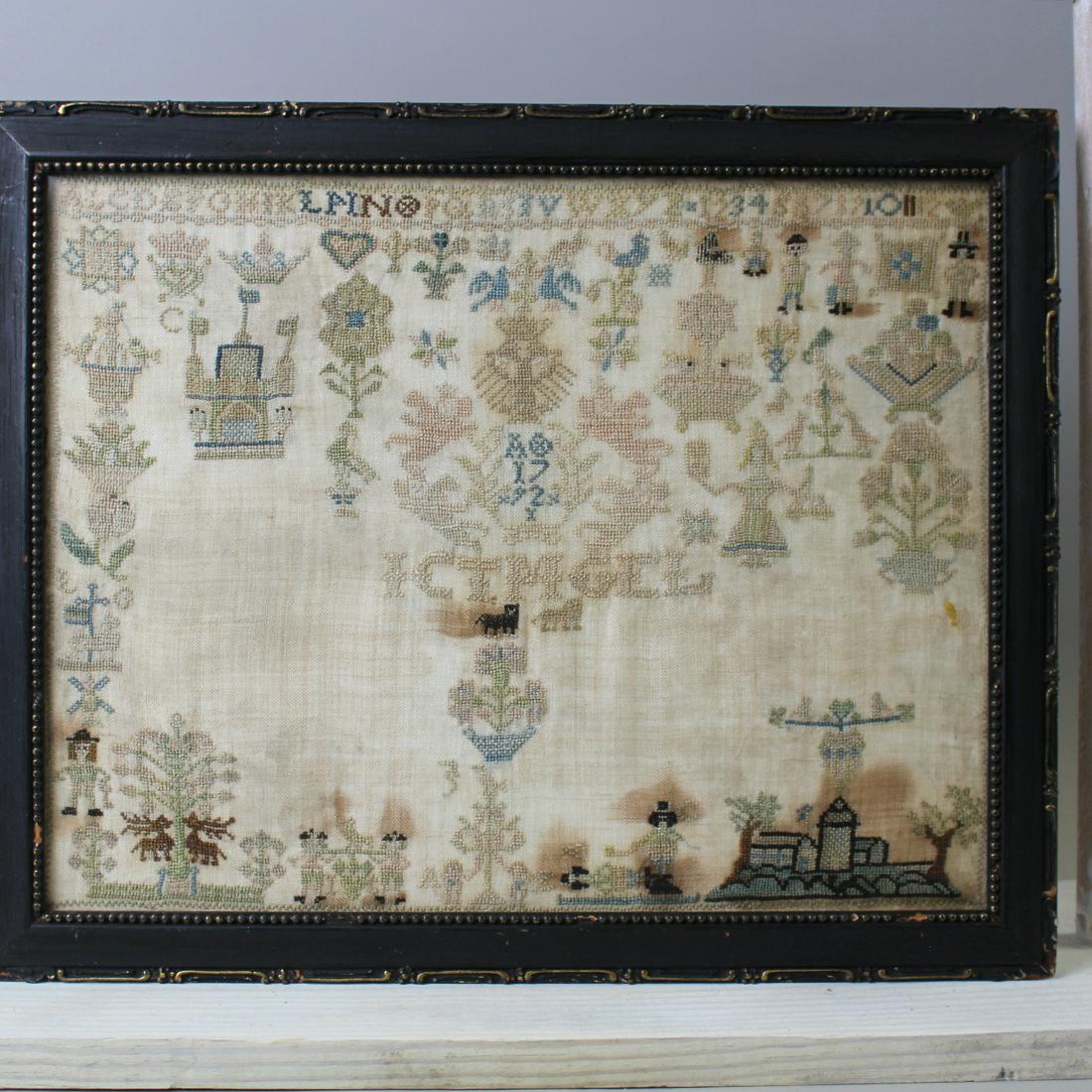 1792 ABC / Numbers Pictorial School Girl Sampler: Dated 1792 ABC / Numbers Pictorial School Girl Needlework Sampler - silk on linen, alphabet and numbers on very top border, farmstead with silo, colonial dressed figures, heart, many other images, app