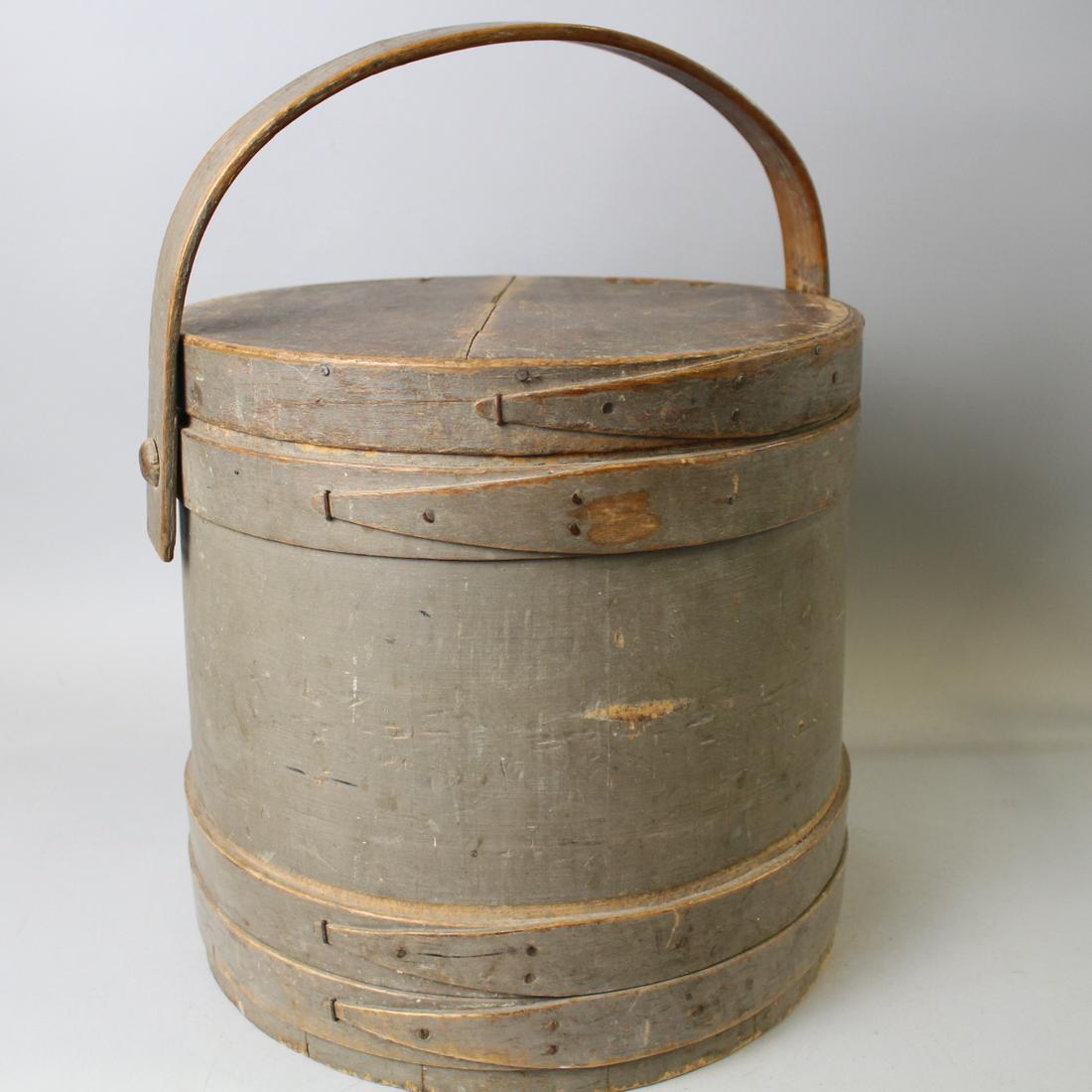 Pea Green Painted Firkin: Pea Green Painted Firkin - single finger lap bands, pegged joint handle, 12" H., partial label.