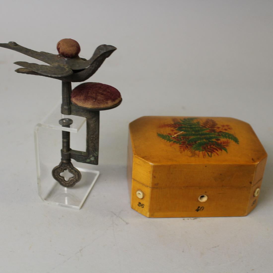 Sewing Bird & Sewing Thread Box: Sewing Bird & Sewing Thread Box - 1) sewing bird clamp with two pincushions; 2) box is 4" W advertising Clark thread.