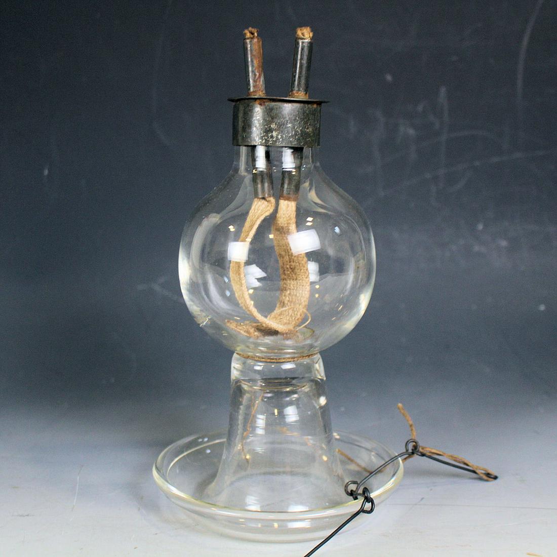 Flint Glass Saucer Based Whale Oil / Fluid Lamp: Flint Glass Saucer Based Whale Oil / Fluid Lamp - fitted double tube iron / tin burner, old wicks, and early wick pick attached. No issues.