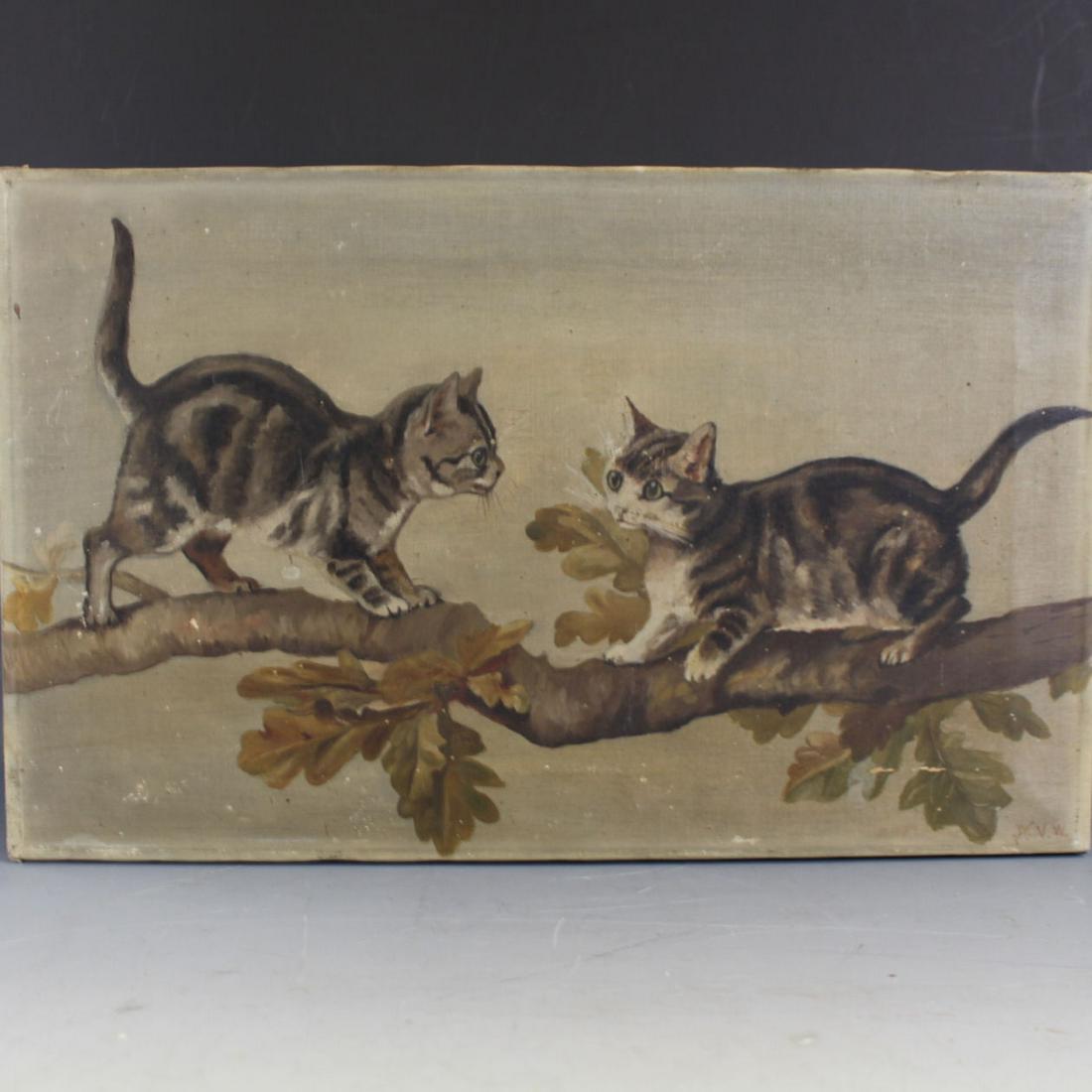 C1900 Kittens on Tree Branch Oil Painting (1 of 4)