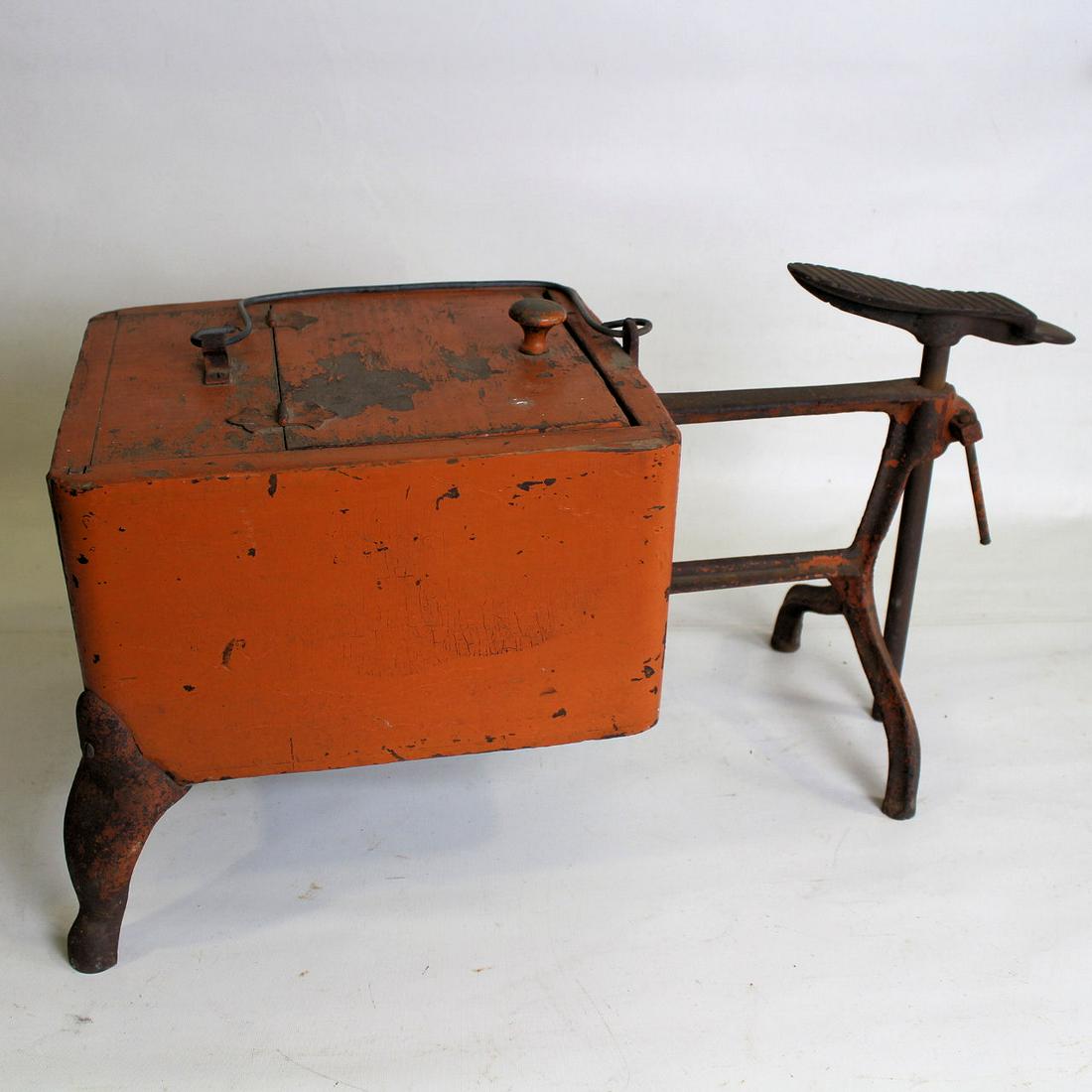 Red-Painted Wood & Iron Shoeshine Box (1 of 3)