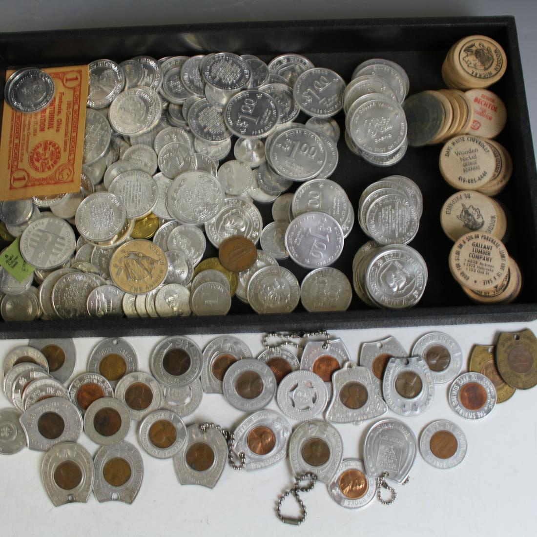 Advertising $1 Value Coins, Casino Coins, More: Advertising $1 Value Coins Wooden Nickels, Casino Coins; includes no cash value tokens; town commerative coins, several Good Luck penny holding key chains etc. More