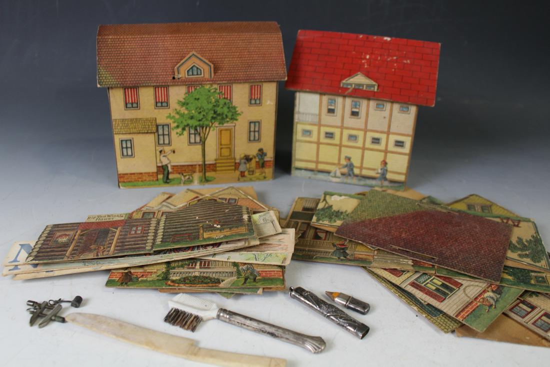 Cardboard Houses, Silver Charms & Miniatures: Cardboard Houses & Misc Silver Charm Miniatures - 1) group of unassembled, colorful, printed houses, largest approximately 7" H, tab and slot construction; 2) stub pencil in silvertone case, dated '04