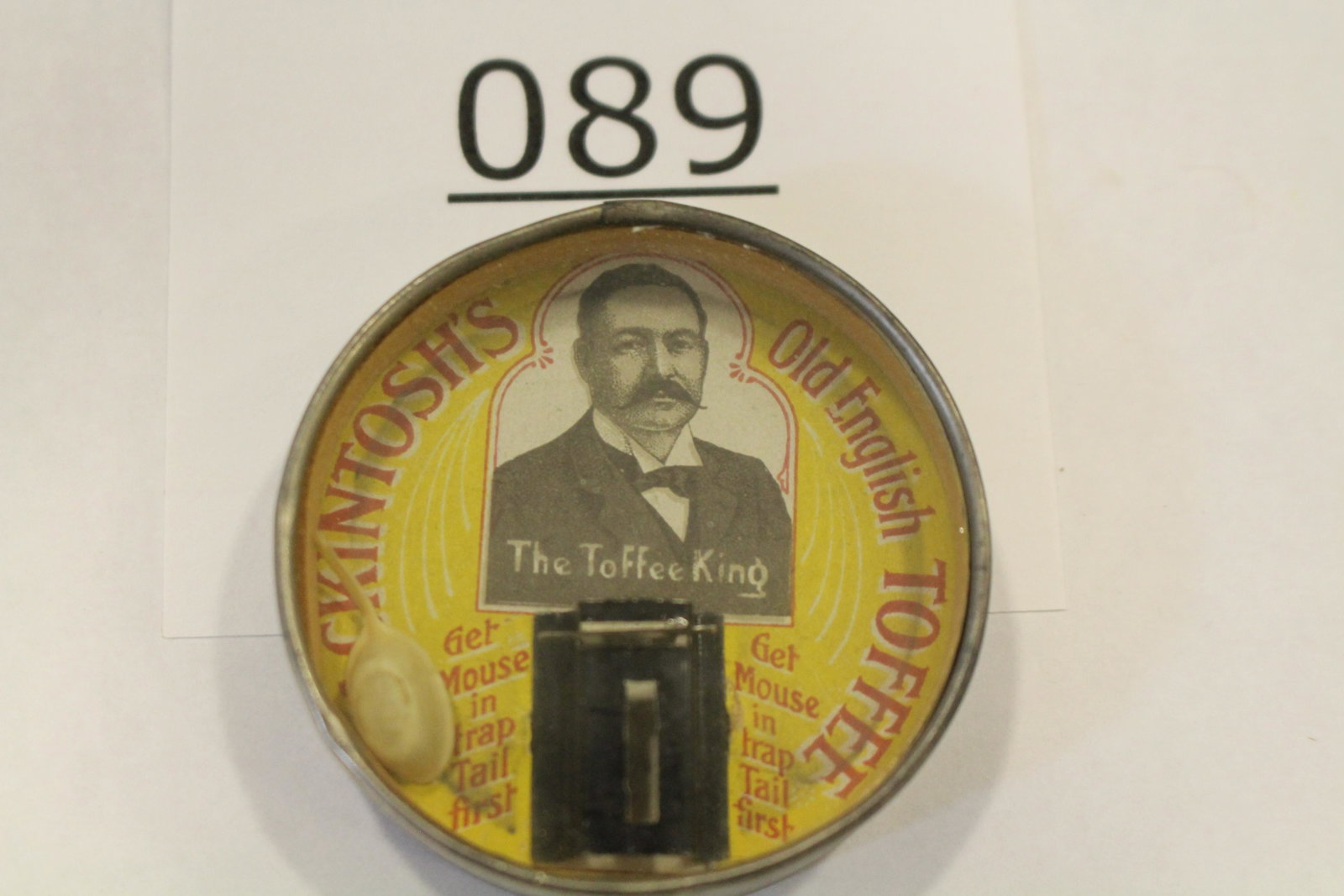 Mouse & Trap Candy Advertising Dexterity Game: Advertising dexterity game / handheld puzzle game photo image of "The Toffee King" "Macintosh's Old English Toffee", "Get Mouse in Trap Tail First", printed on front, hard challenge is to get mouse in