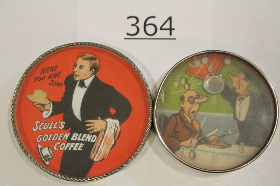 2 Waiters / Servers Dexterity Games w/ Die Cuts: Lot of 2 dexterity games / handheld puzzle games with images of 1) advertising - waiter serving a cup of coffee, hard challenge is to return loose diecut cup to his hand, front label print, SCULL'S GO