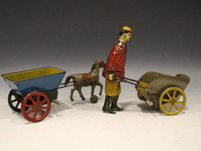 Tin Wind-Up Toys Girard Farmer Boy & Other: Tin Wind-Up Toys - 1) Girard Farmer Boy Walking Toy, boy pushing cart with good decals, manufractured by Woods Mechanical Toys, decal on front of cart marked Girard Model Works, New York, No. 8, Made