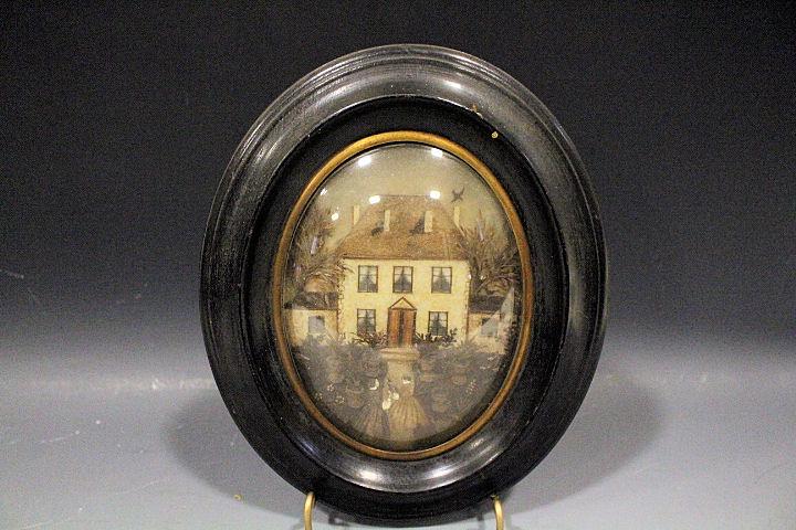 18th C Rare Miniature Diorama Women & Home: 18th Century Rare and Amazing 3-D Artwork / Painting / Diorama - Small Oval Frame of Women & Home - diminutive ladies plaster-molded faces with real hair, arms, beaded hairnets, fabric dresses decorat