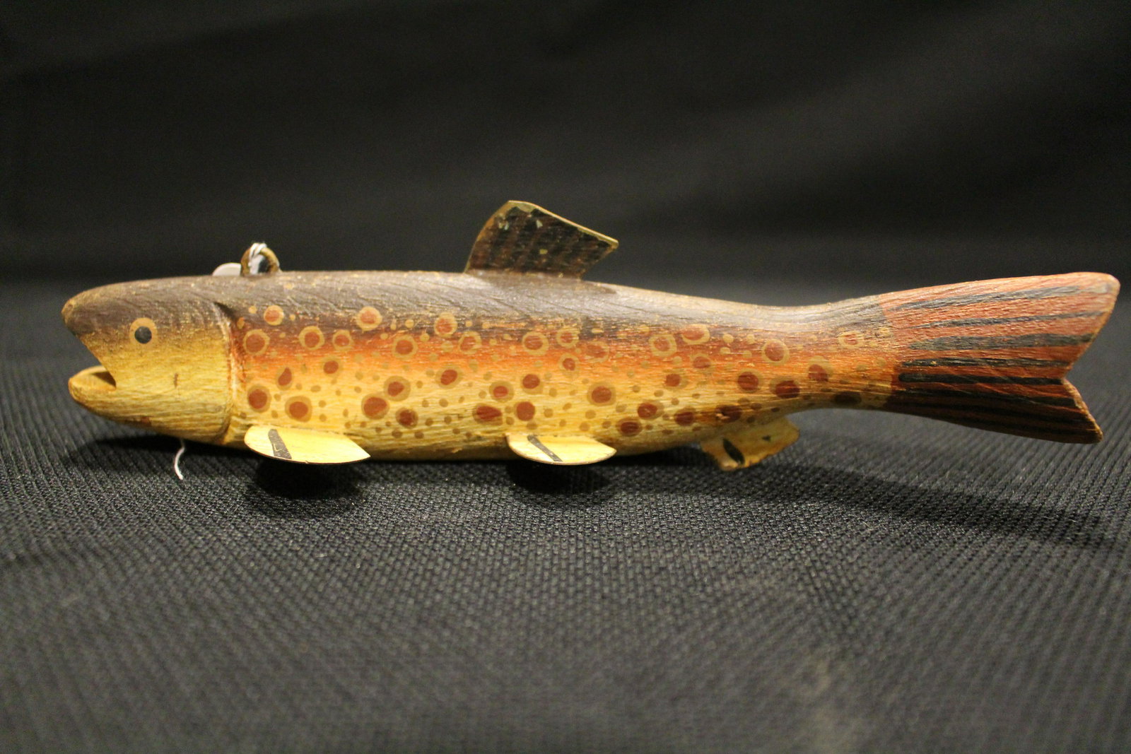 Antique Carved & Painted Ice Fishing Decoy: Antique Carved & Painted Ice Spear Fishing / Fish / Spearing Trout Folk Art - orange speckled, weighted, painted on eyes, tin fins, wooden tail, 7 1/2" L x 1 1/2" H.