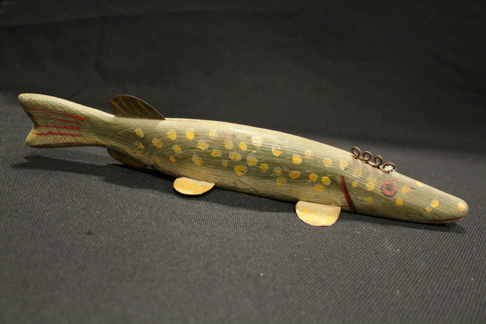 Antique Carved Painted Ice Fishing Decoy - Pike: Antique Carved & Painted Ice Spear Fishing / Fish / Spear Folk Art - Northern Pike, double-weighted underbelly, 5 painted tin fins, wooden body including tail, red highlights to carved mouth, gills an