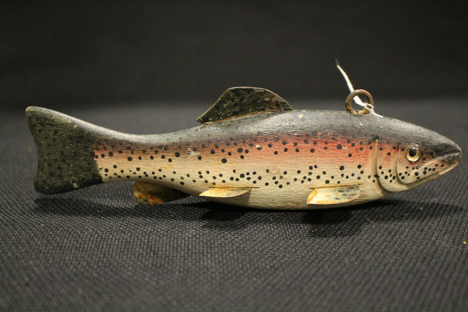 Antique Carved Painted Ice Fishing Decoy Trout: Antique Carved Painted Ice Spear Fishing / Fish / Spearing Decoy Rainbow Trout Folk Art - painted black to pink to white, black specked wooden body and tail, painted tin fins, glass eyes, carved mouth