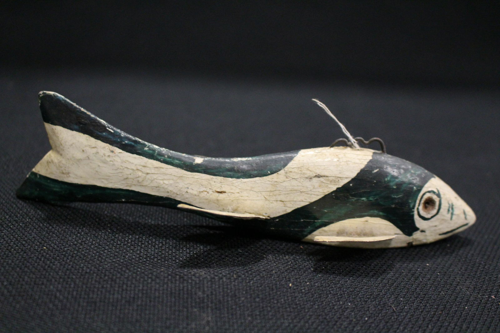 Antique Carved & Painted Fish Decoy: Antique Carved and Painted Folk Art Fish / Fishing / Spearing / Decoy - primitive folk art, green and enamel painted body, lacking one bulging glass eye, curved wooden tail, tin fins, painted circles