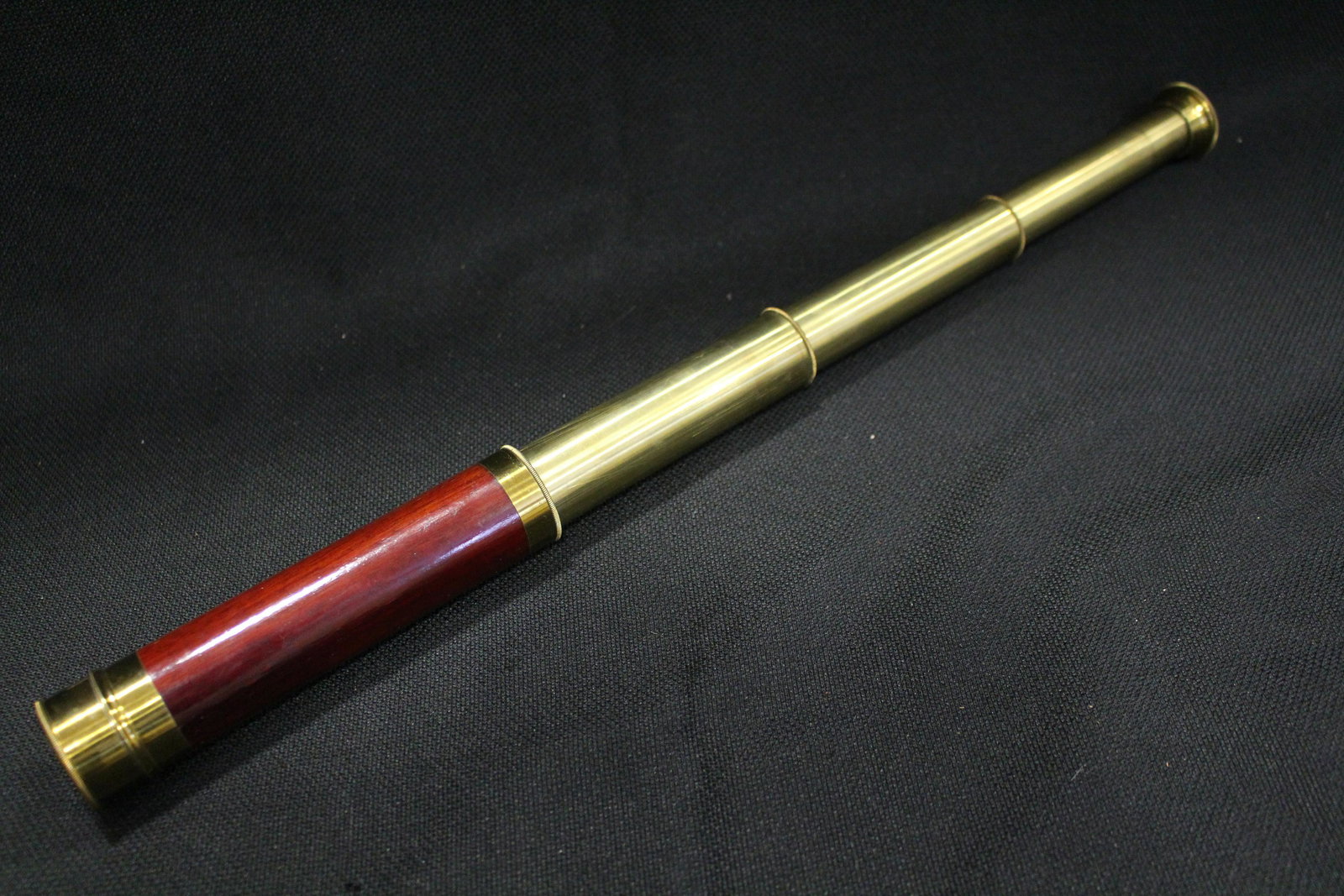 4-Draw Mahogany & Brass Spy Glass Telescope: 4-Draw Stained Mahogany & Brass Spy Glass Telescope - self-closure view end, brass cover to other end, 4-draw to 17", closed 6" L. Excellent condition. Selling 7 others in graduating sizes later in th