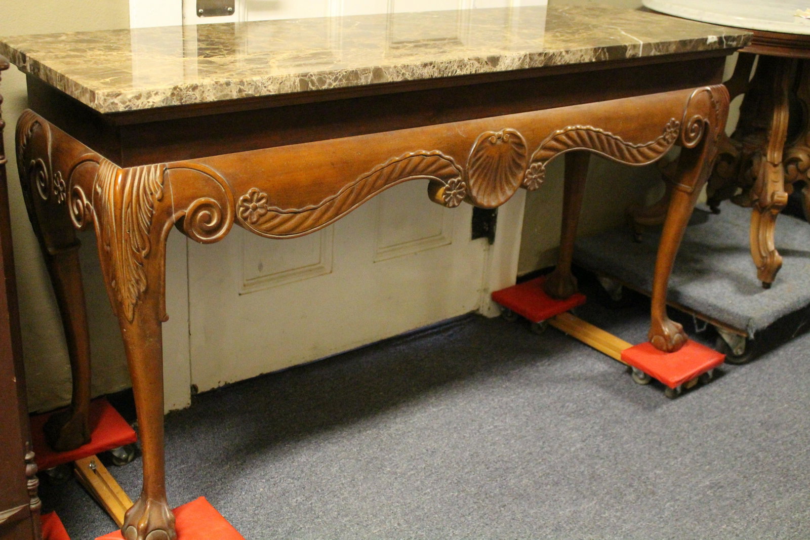 Long Marbletop Davenport Table - Vintage: Vintage Long Marbletop Davenport Table - thick brown marble, ornate legs, ornate carved apron and cabriole legs with ball and claw feet, 32 1/2" H x 60" W x 19" D.