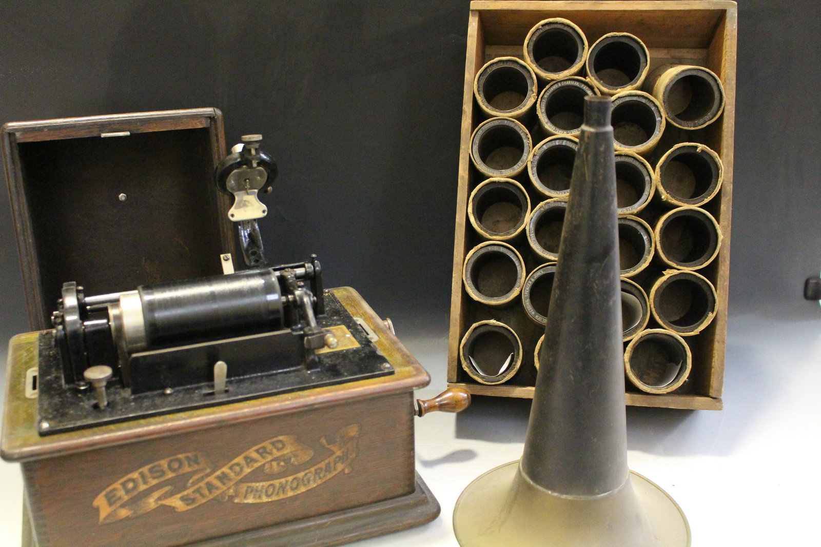 Edison Standard Cylinder Phonograph Model C: Edison Standard Cylinder Phonograph Model C & 23 Cylinders - plays. Provenance: The heirs of the late Lavon and Jean Wiseman of Ayersville, Ohio are honoring their parents' directive by selling their