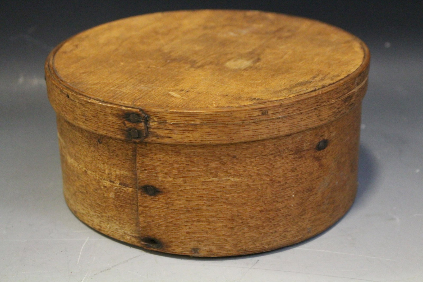 19th C Bentwood Pantry Box: 19th C Round Bentwood Pantry Box - hand cut copper tacks / nails, 7 1/2" W x 3 1/2" H.