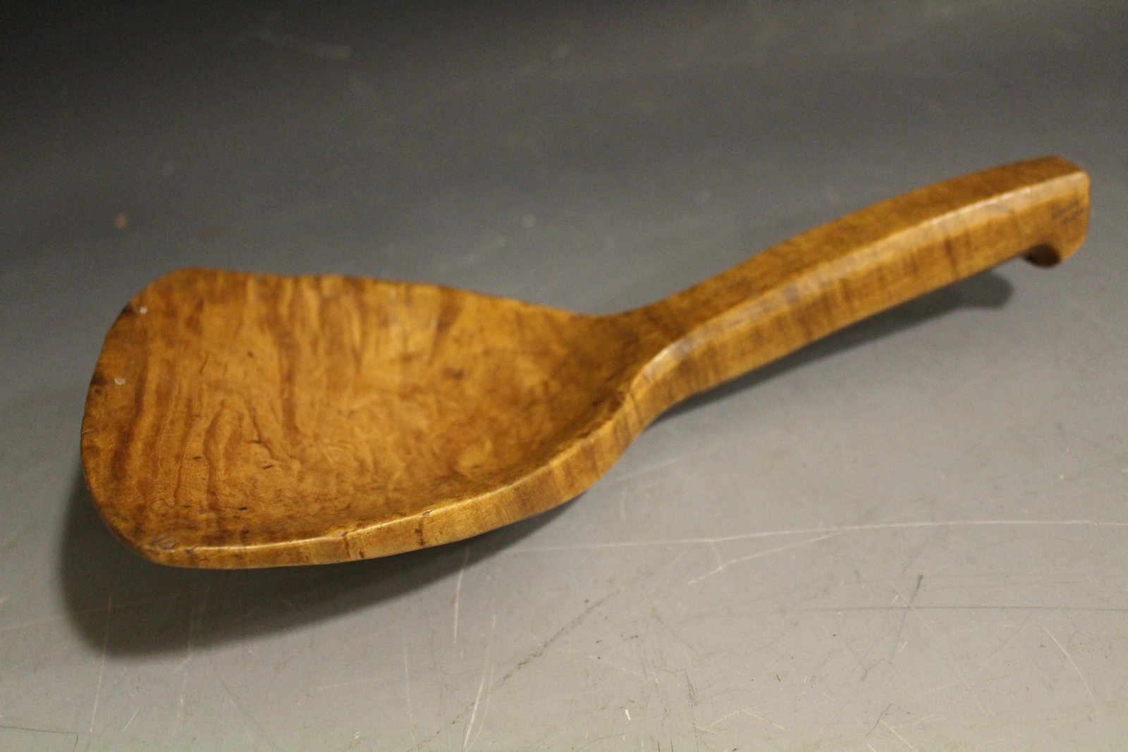 Tiger Maple Butter Paddle / Scoop w/ Flat Bowl: Tiger Maple Butter Paddle / Scoop with Flat Bowl - original patina, 9 1/2" L.