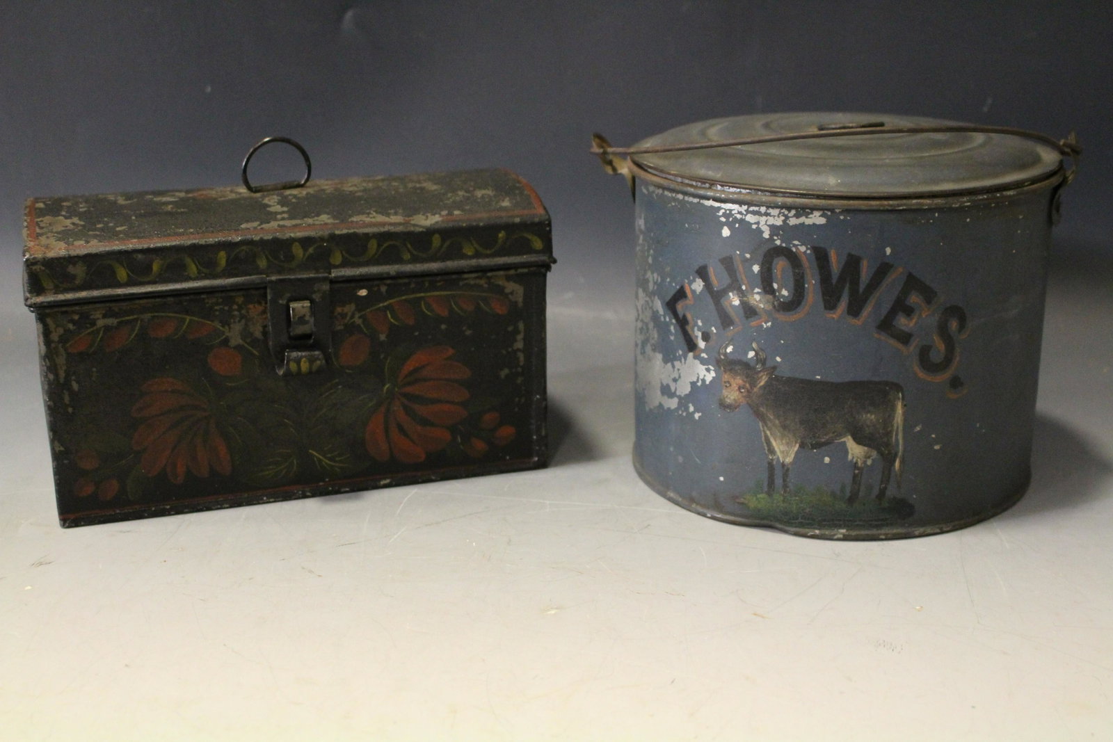 Tin Tole Box & Paint Decorated Cream Pail: Tin Tole Box & Paint Decorated Cream Pail - 1) tole painted document box, 8'' L; 2) tin painted and decorated lidded cream pail, hand-painted F. Howes and cow, 5 1/2'' H plus bail handle, sporadic pai