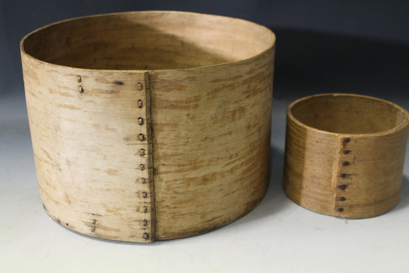 Bentwood Dry Measure Boxes: Bentwood Dry Grain Measure Boxes - 1) 11 1/2'' H x 11 1/2'' W; 2) 4'' H x 5 1/2'' W.