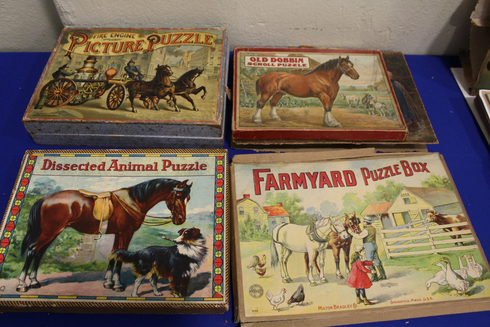 1880-90s Picture Puzzles + Fire Empty Box: Group of 4 Antique Picture Puzzles + Empty Fire Engine Picture Box - 2 boxes with horse puzzles; Milton Bradley Farmyard Puzzle Box No. 4146 with 19th century views with guide under lid; McLoughlin Fi