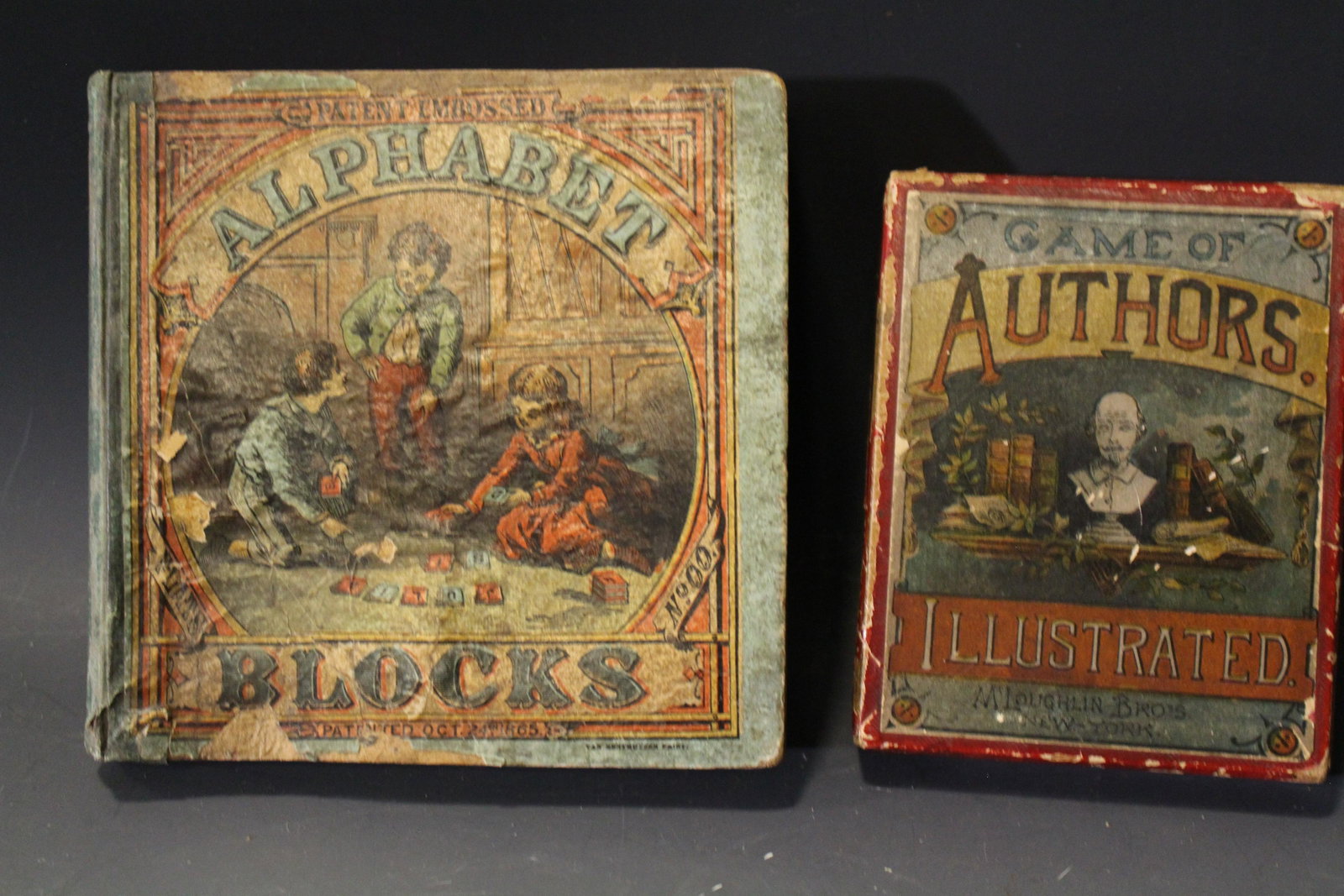 McLoughlin Card Game & 1865 Alphabet Blocks: 1880-90s McLoughlin Card Game & 1865 Alphabet Blocks - 1) McLoughlin Illustrated Game of Authors card game, original box; 2) dated 1865 box Patent Embossed Alphabet Blocks, book-form box measures 5 1/