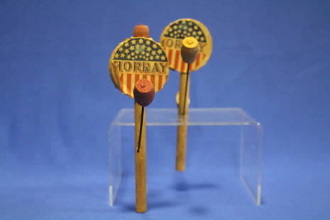 Patriotic Parade Clappers / Noisemakers: Early 1900 Patriotic Parade Clappers / Noisemakers - double-sided wooden with paper labels "Horray", several other 4th of July lots as well as Christmas and 1920-40s Valentines selling throughout the