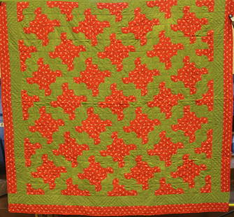 19th to Early 20th C Red Green Calico Quilt: 19th to Early 20th C Red & Green Calico Quilt - 82 x 82, reversible side with wide same fabric bands, fold over binding, appears to be in very good condition, no noticeable stains, tears or fading obs