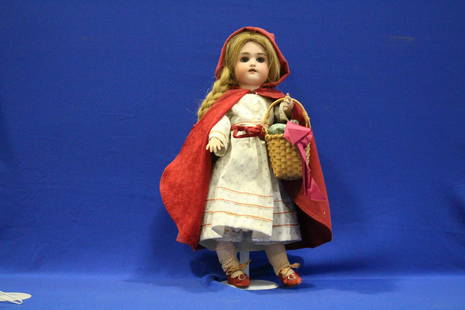 Heinrich Handwerk Simon Halbig Red Riding Hood Doll 18"H: Heinrich Handwerk Simon & Halbig Red Riding Hood Child Doll - bisque socket head, pierced ears, open mouth 4 teeth, earrings, blue glass sleep eyes with real lashes, composition ball jointed body,