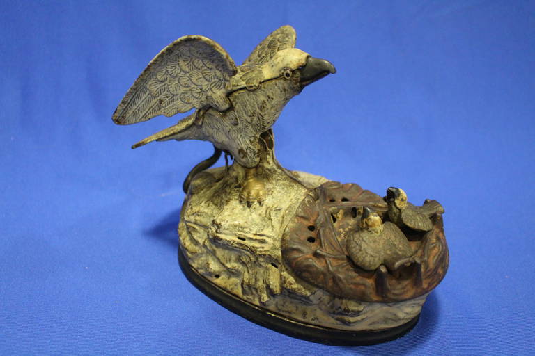 Cast Iron Eagle And Eaglets Mechanical Bank