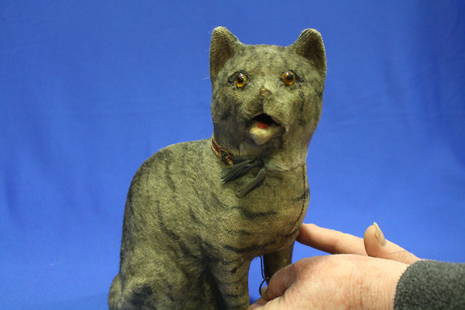 Early Meowing Cat Automaton: Early Antique Meowing Automaton Mohair Cat - gray and black sitting cat, glass eyes, mohair over molded body, pull chest ring and mouth opens revealing red tongue and then the cat squeaks / purrs / cr