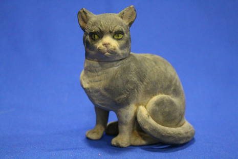 Early Papier Mache Cat Candy Container REPAIR UPDATE: C. 1890s to Early 20th C Papier Mache Cat / Kitten Candy Container - molded body, painted areas of light and dark gray, lightly striped, green painted eyes, white highlights to mouth, tail tip,